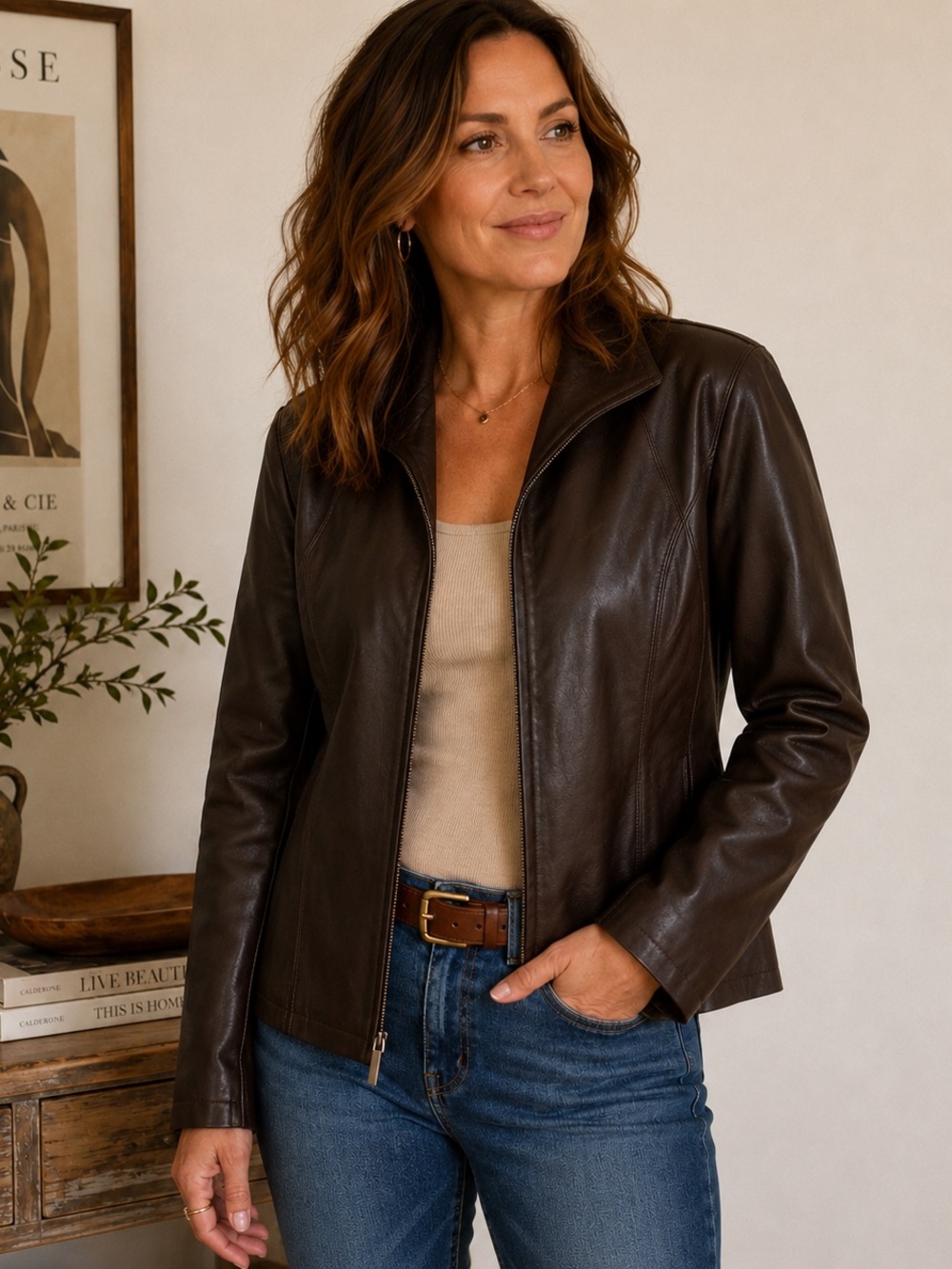 VTG Nine West Separates Classic Chocolate Brown Leather Zip Up Jacket Large